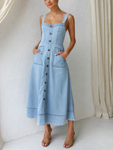 Lataa kuva Galleria-katseluun, Denim Suspender Casual Button Midi Dress