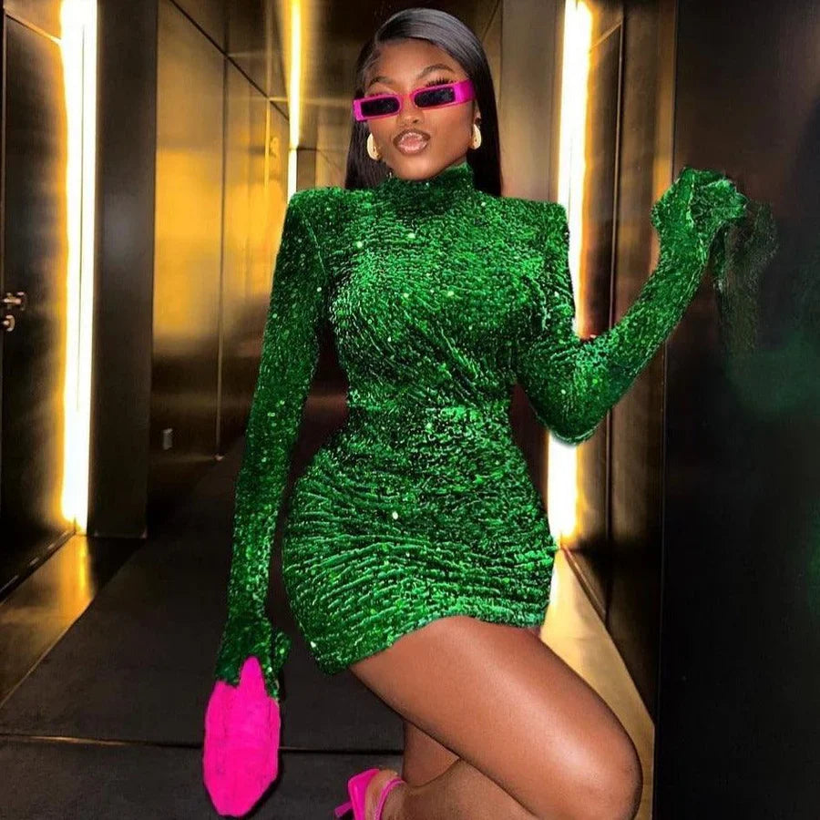 aikergood Velvet Couture Sequin gloves Mini Dress