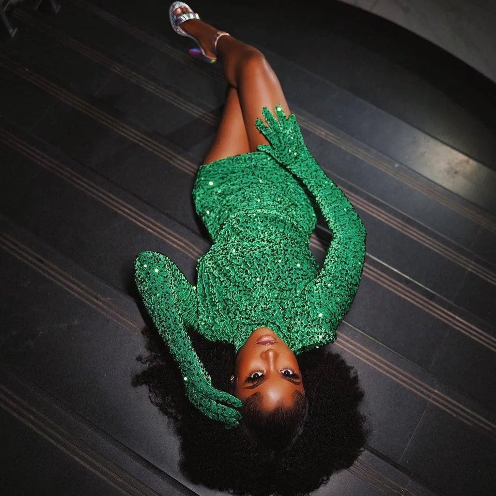 aikergood Velvet Couture Sequin gloves Mini Dress