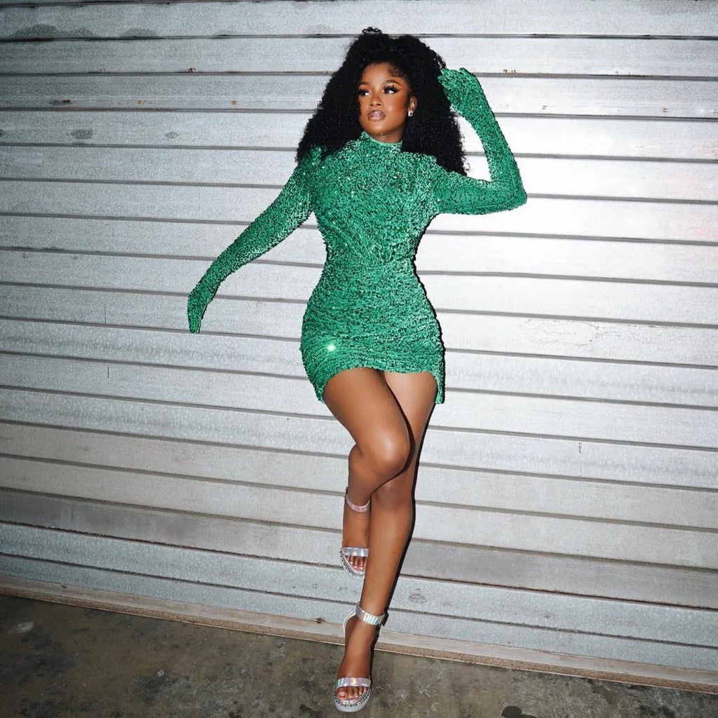 aikergood Velvet Couture Sequin gloves Mini Dress