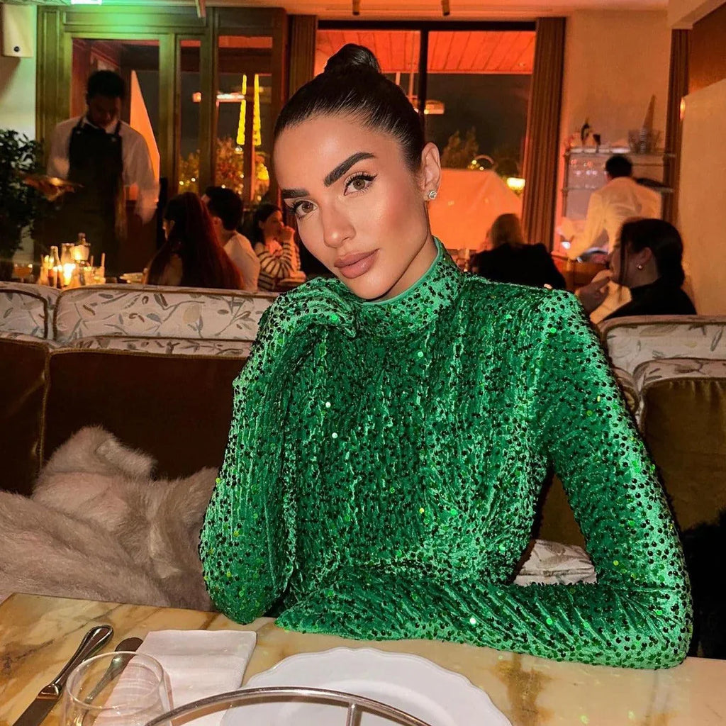 aikergood Velvet Couture Sequin gloves Mini Dress