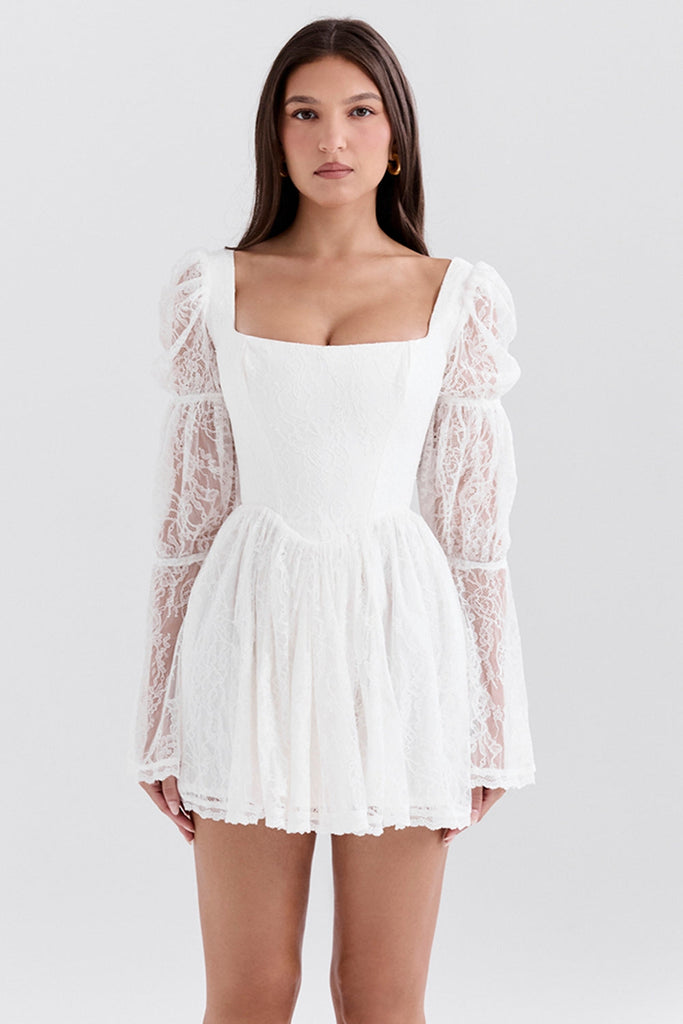aikergoodCezanne White Lace Puff Sleeve Mini Dress