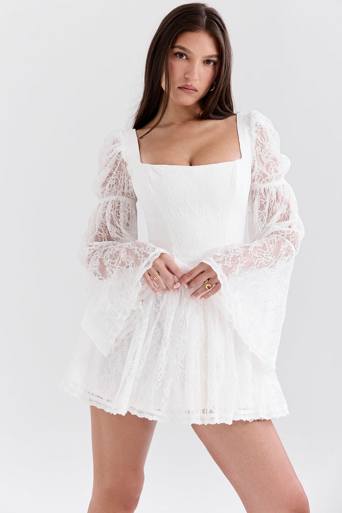 aikergoodCezanne White Lace Puff Sleeve Mini Dress