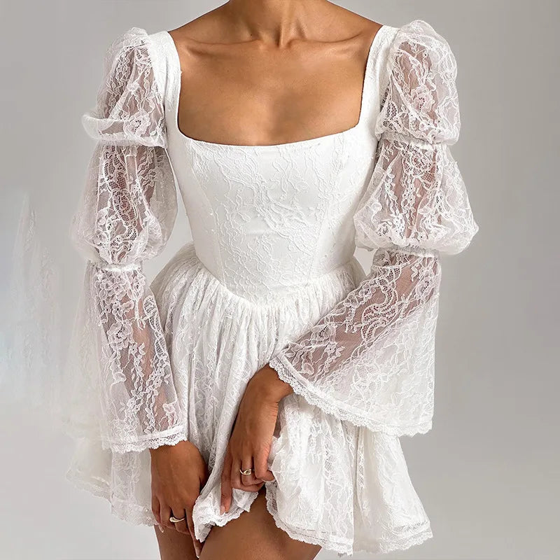 aikergoodCezanne White Lace Puff Sleeve Mini Dress