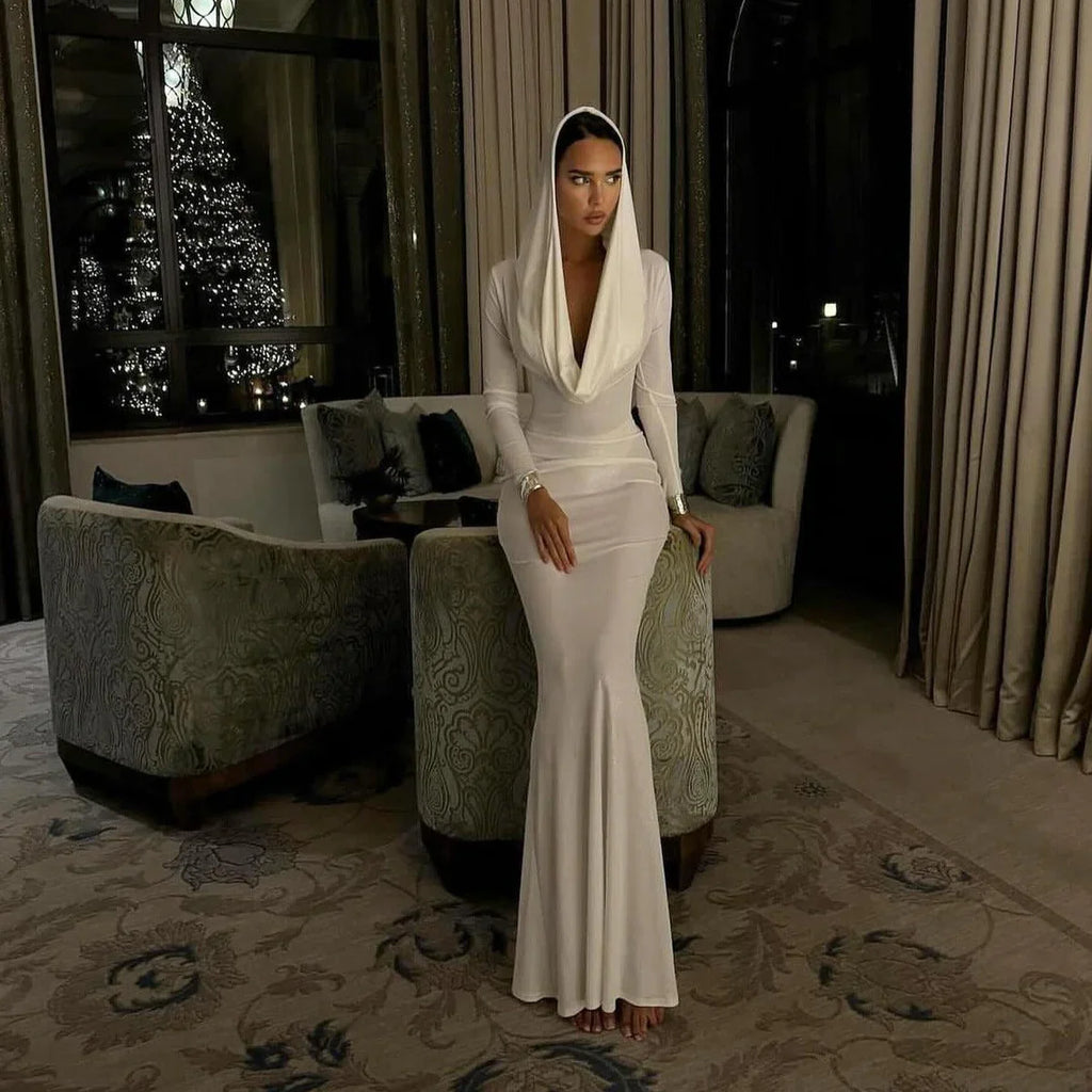 aikergood Femme Pure Long sleeve Hooded Maxi Dress