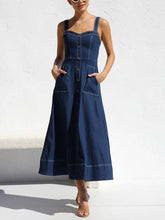 Lataa kuva Galleria-katseluun, Denim Suspender Casual Button Midi Dress