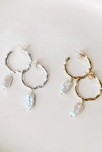 Load image into Gallery viewer, Beaten Metal Pearl Drop Hoops - Silver/Cream