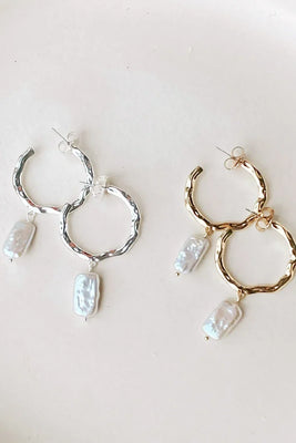 Beaten Metal Pearl Drop Hoops - Silver/Cream