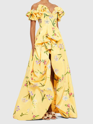 Off-the-shoulder Printed Hem Slit Party Maxi Dress