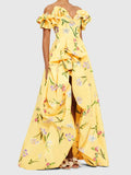 Off-the-shoulder Printed Hem Slit Party Maxi Dress