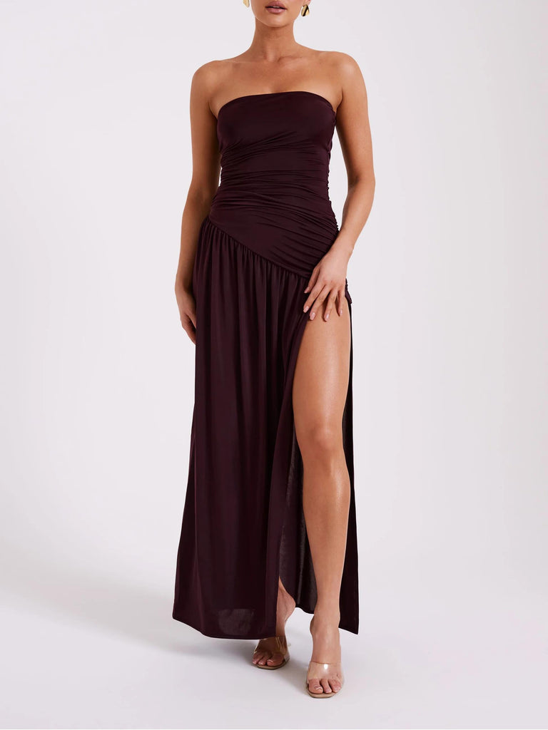 Strapless Slinky Maxi Dress With Split - Burgundy