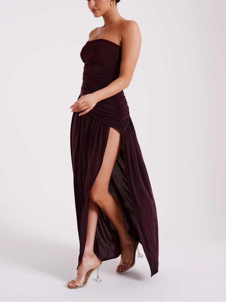 Strapless Slinky Maxi Dress With Split - Burgundy