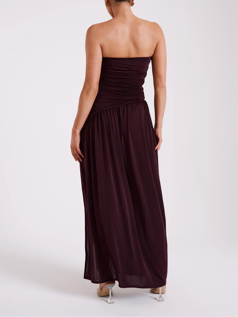 Strapless Slinky Maxi Dress With Split - Burgundy