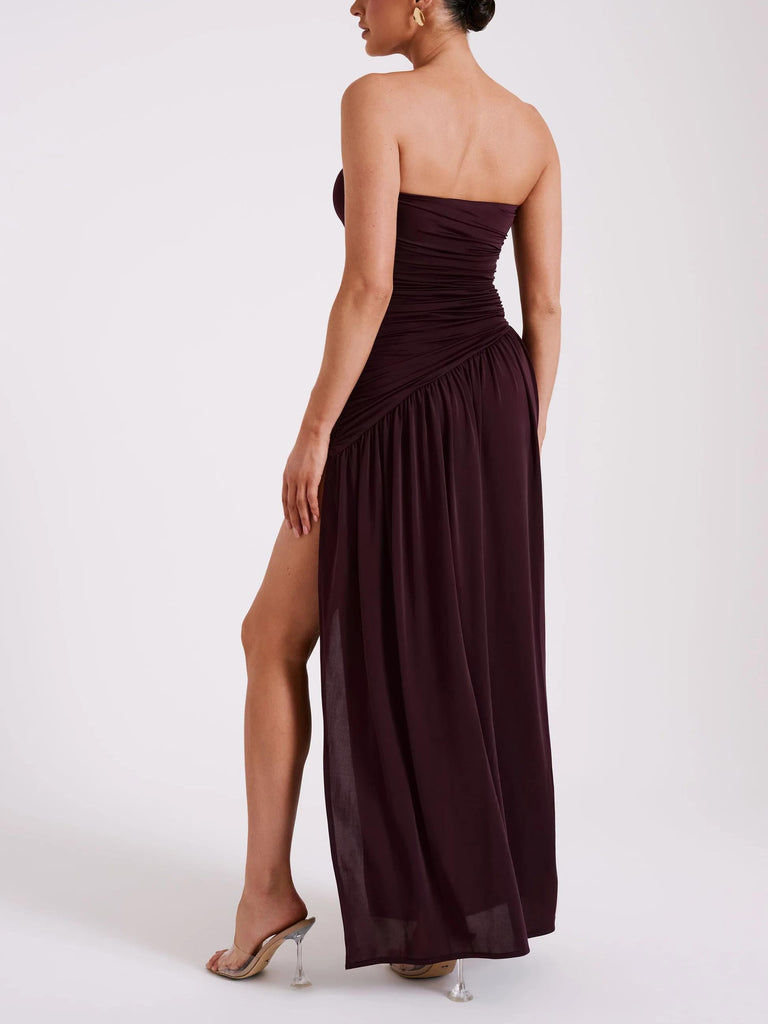 Strapless Slinky Maxi Dress With Split - Burgundy