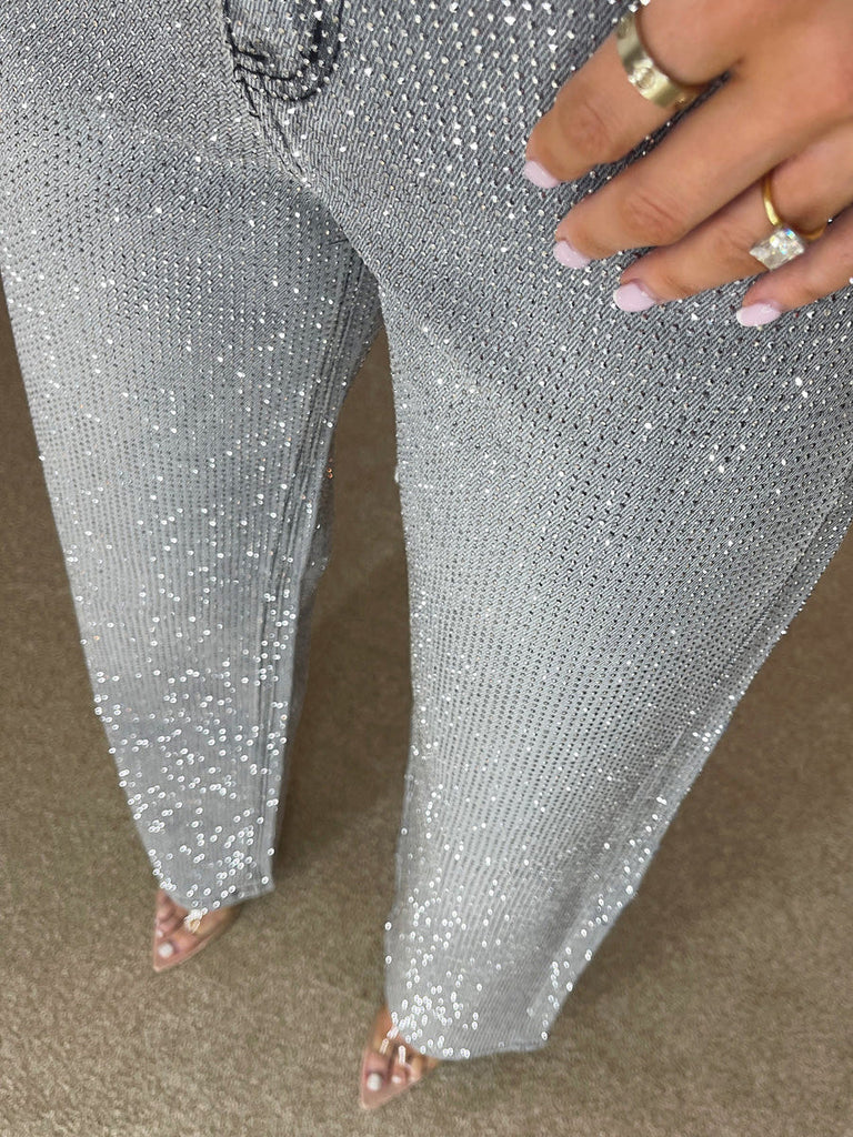 Premium Wide Leg Diamant¨¦ Denim Jeans in Storm Grey