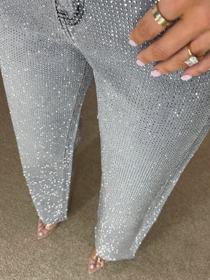 Premium Wide Leg Diamant¨¦ Denim Jeans in Storm Grey