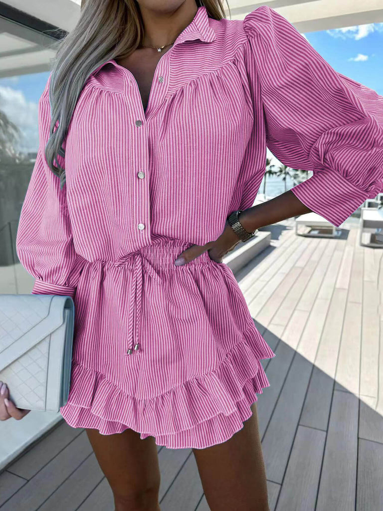 Casual Fashionable Striped Shirt Dress Shorts Two-Piece Set