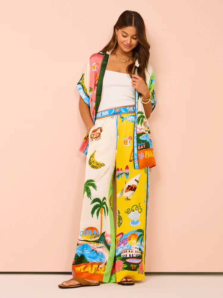 Vacation Leisure Loose Print Wide Leg Pants-Set