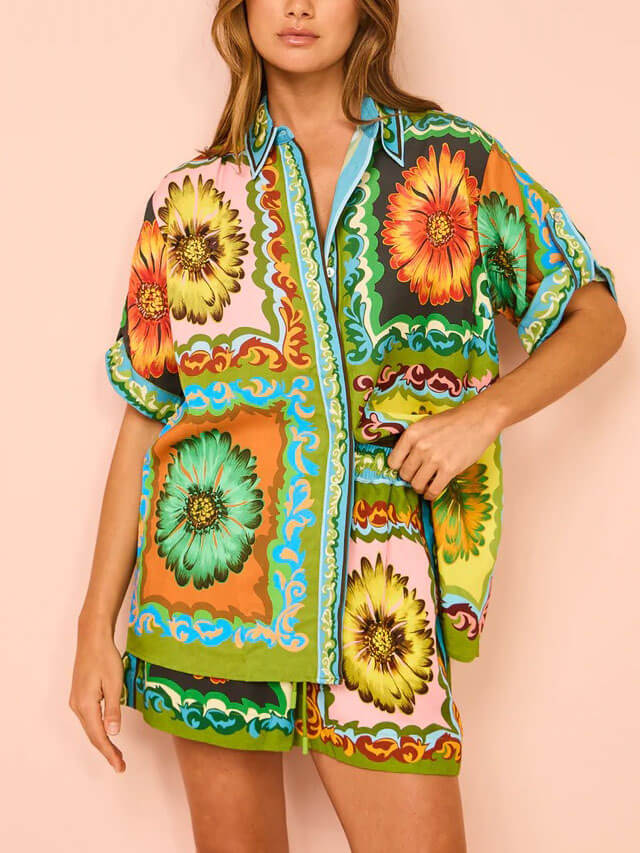 Sunflower Print Button-Down Oversized Shirt