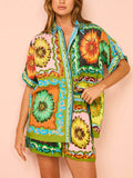 Sunflower Print Button-Down Oversized Shirt