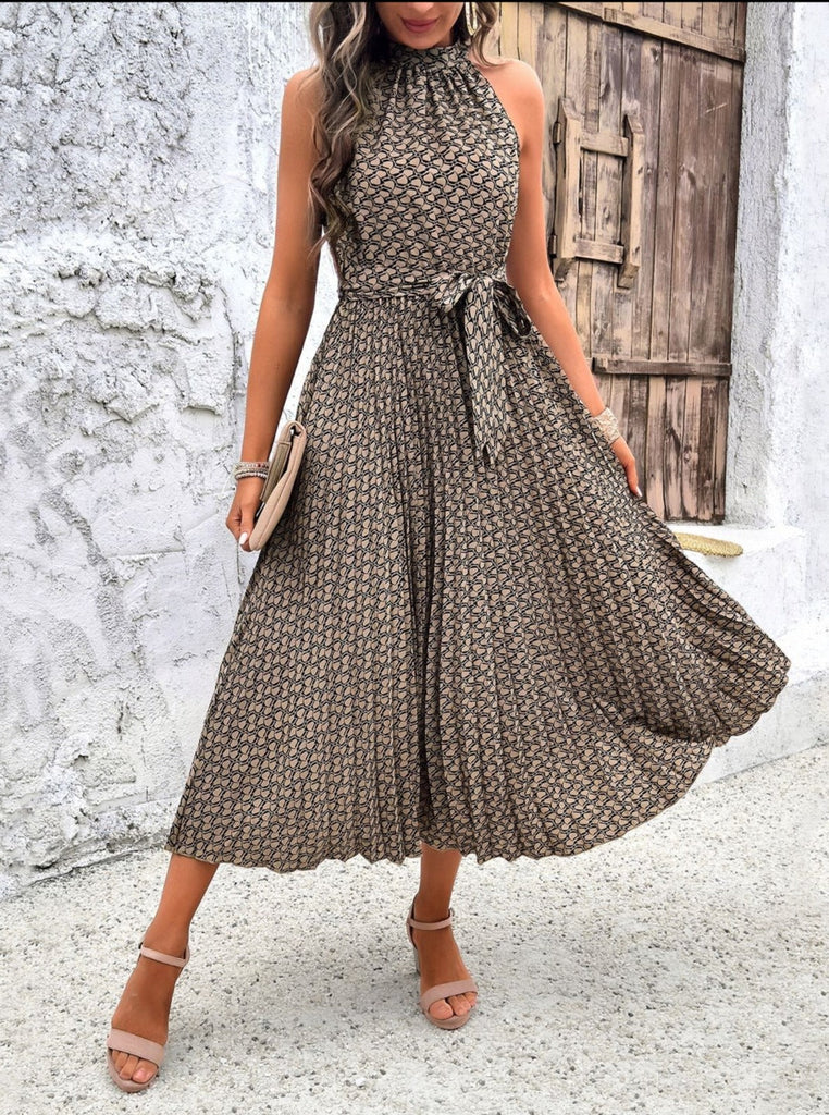 Women's Patterned Sleeveless Halterneck Midi Dress with Waist Tie