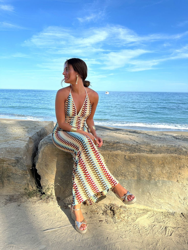 Robe de plage dos nu à bretelles et col en V en dentelle contrastante populaire