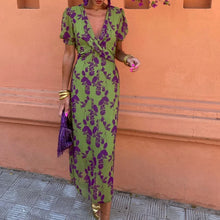Load image into Gallery viewer, Printed long dress elegant slim v-neck short sleeve dress