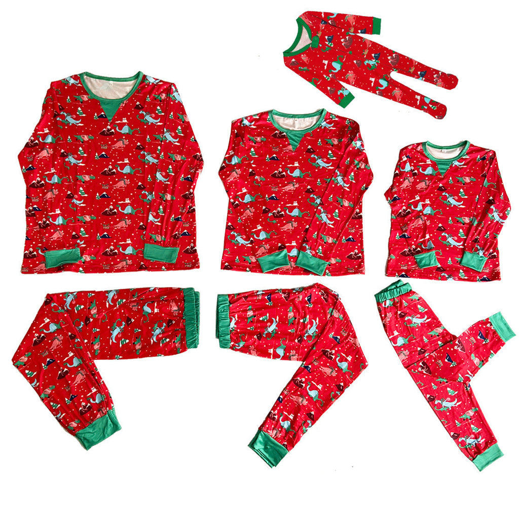 Ensembles de pyjamas assortis pour la famille avec motif de dinosaures rouges mignons