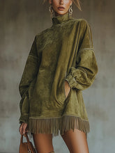Load image into Gallery viewer, Faux Suede Turtleneck Dress With Fringe Hem