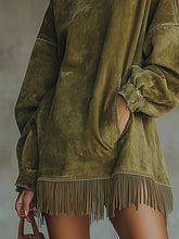 Load image into Gallery viewer, Faux Suede Turtleneck Dress With Fringe Hem