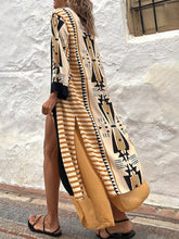 Carregar imagem no visualizador da galeria, Retro Geometric Ethnic Print Open Front Slit Duster Kimono