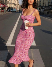 Laden Sie das Bild in den Galerie-Viewer, Ruffle Floral Print Sleeveless Backless Slip Draped Midi Dress