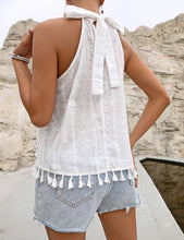 Load image into Gallery viewer, Tied Openwork Tassel Grecian Sleeveless Top