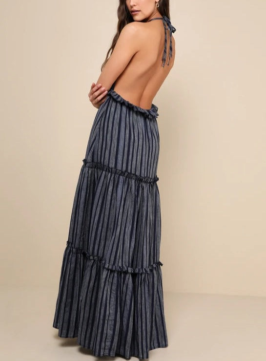 Robe longue dos nu à rayures bleu marine Vacay Babe