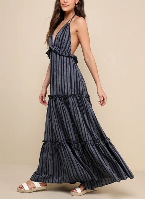 Vacay Babe Navy Blue Striped Halter Maxi Dress