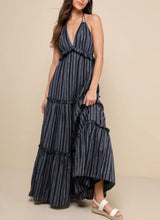 Load image into Gallery viewer, Vacay Babe Navy Blue Striped Halter Maxi Dress