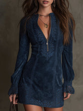 Load image into Gallery viewer, Vintage Blue Suede Lace Trim Mini Dress