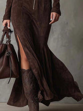 Load image into Gallery viewer, Vintage Brown Zipper Belted Maxi Dress