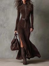 Load image into Gallery viewer, Vintage Brown Zipper Belted Maxi Dress