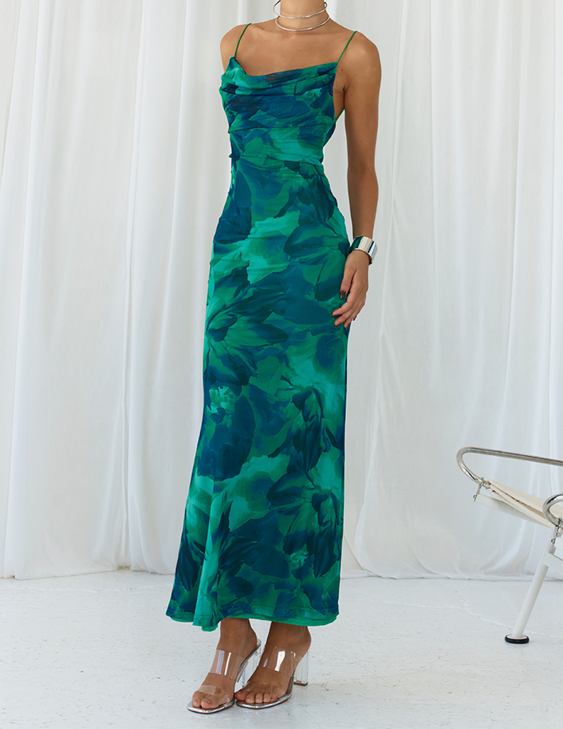 Robe longue à col bénitier Calista Green Bloom