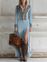 Load image into Gallery viewer, Western Half-Zip Embroidered Faux Suede Fringe Maxi Dress