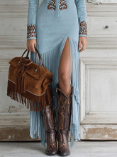 Load image into Gallery viewer, Western Half-Zip Embroidered Faux Suede Fringe Maxi Dress