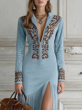 Load image into Gallery viewer, Western Half-Zip Embroidered Faux Suede Fringe Maxi Dress