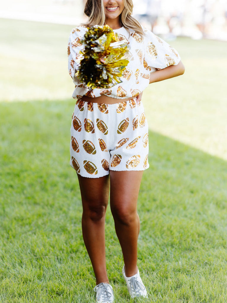 Ensemble short de football à paillettes blanches et dorées