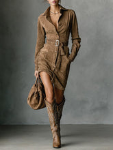 Load image into Gallery viewer, Suede Single Breasted Lapel Long Sleeve Midi Dress