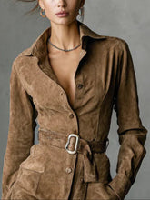 Load image into Gallery viewer, Suede Single Breasted Lapel Long Sleeve Midi Dress