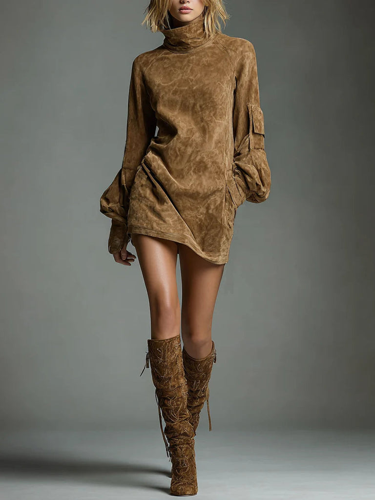 Vintage Loose Suede Turtleneck Mini Dress