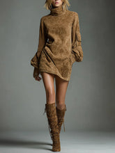 Load image into Gallery viewer, Vintage Loose Suede Turtleneck Mini Dress