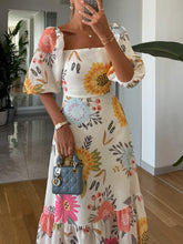 Load image into Gallery viewer, Square Neck Floral Print Puff Sleeve Midi Dress