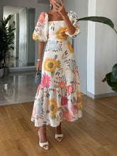 Load image into Gallery viewer, Square Neck Floral Print Puff Sleeve Midi Dress